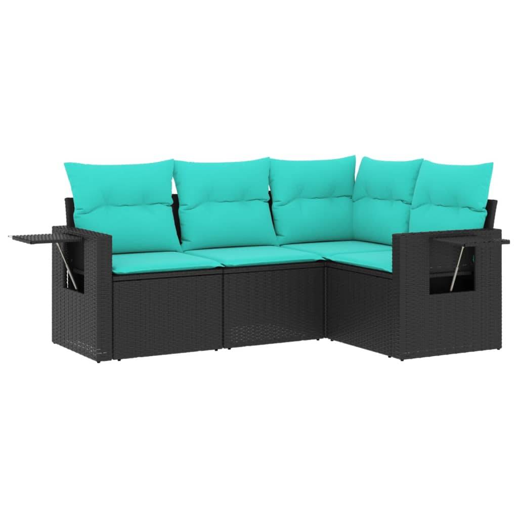 vidaXL 4-teiliges Gartensofa-Set mit Kissen, schwarzes Polyrattan