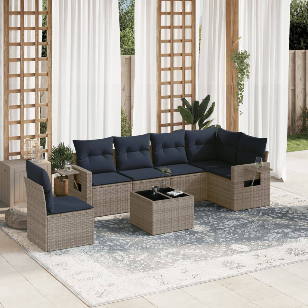 vidaXL 7-teiliges Gartensofa-Set mit Kissen, grau, Polyrattan