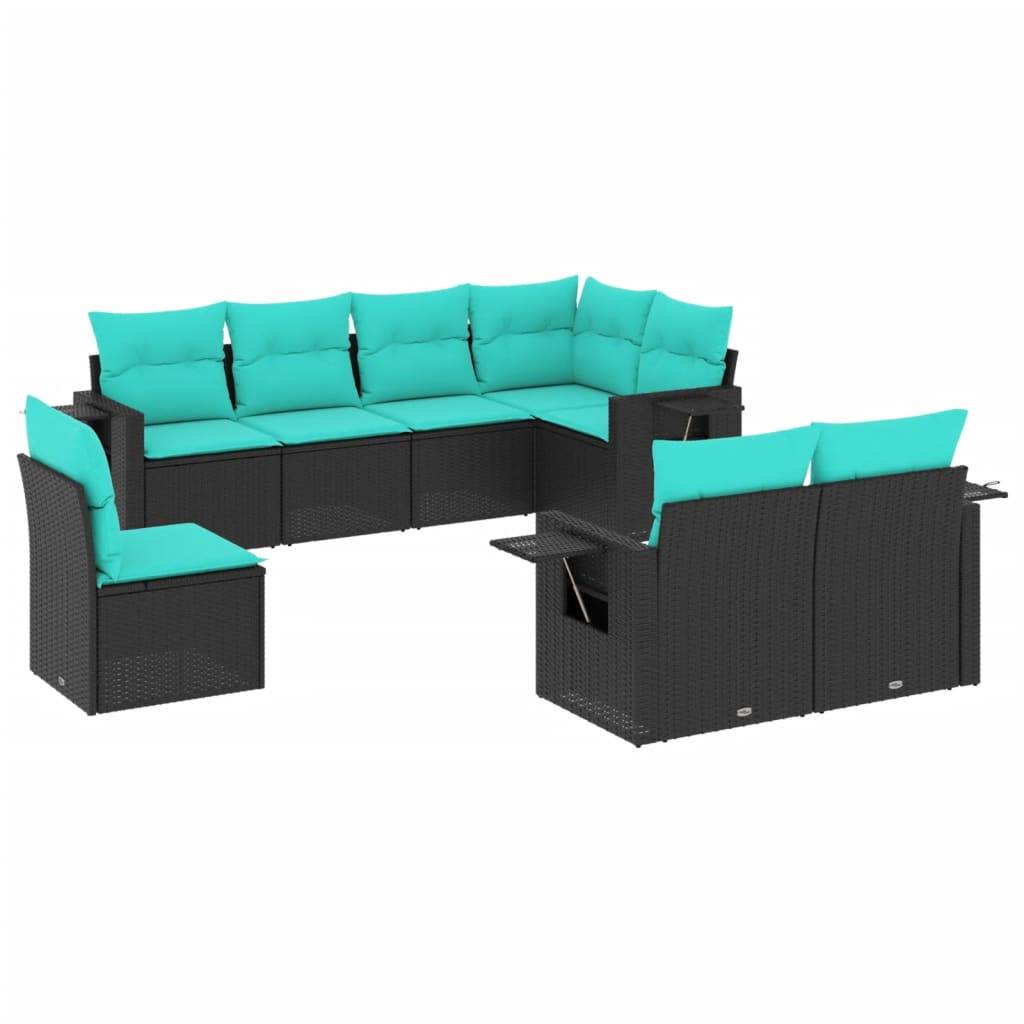 vidaXL 8-teiliges Gartensofa-Set mit Kissen, schwarzes Polyrattan