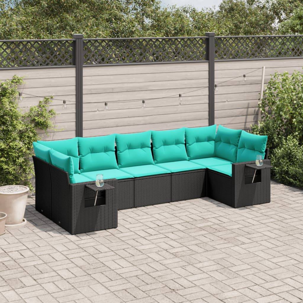 vidaXL 7-teiliges Gartensofa-Set mit Kissen, schwarzes Polyrattan