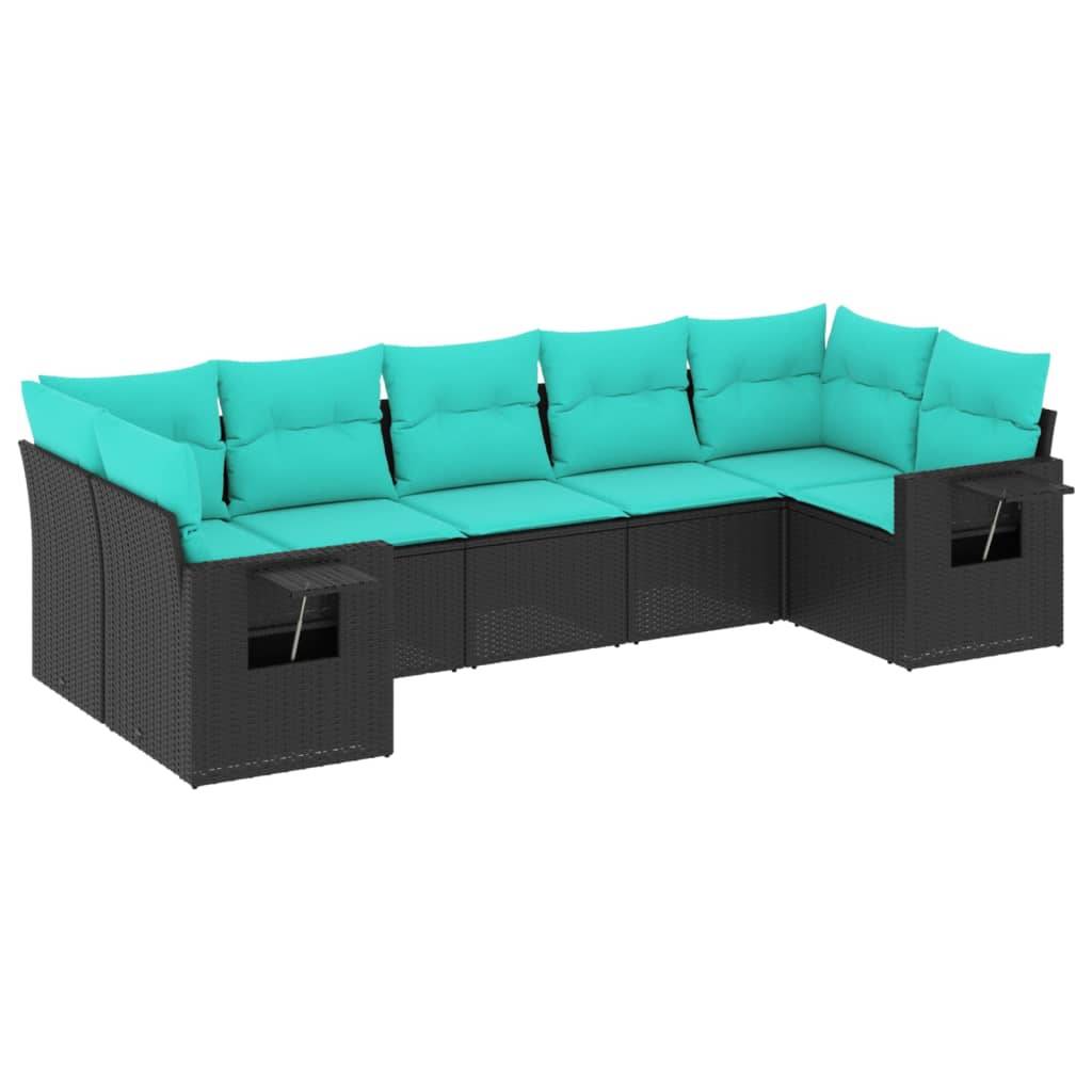 vidaXL 7-teiliges Gartensofa-Set mit Kissen, schwarzes Polyrattan