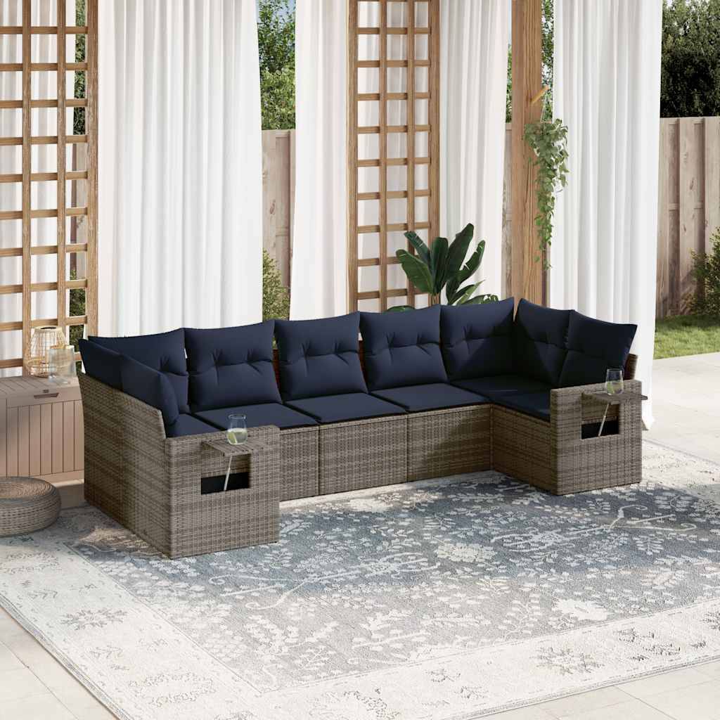 vidaXL 7-teiliges Gartensofa-Set mit Kissen, grau, Polyrattan
