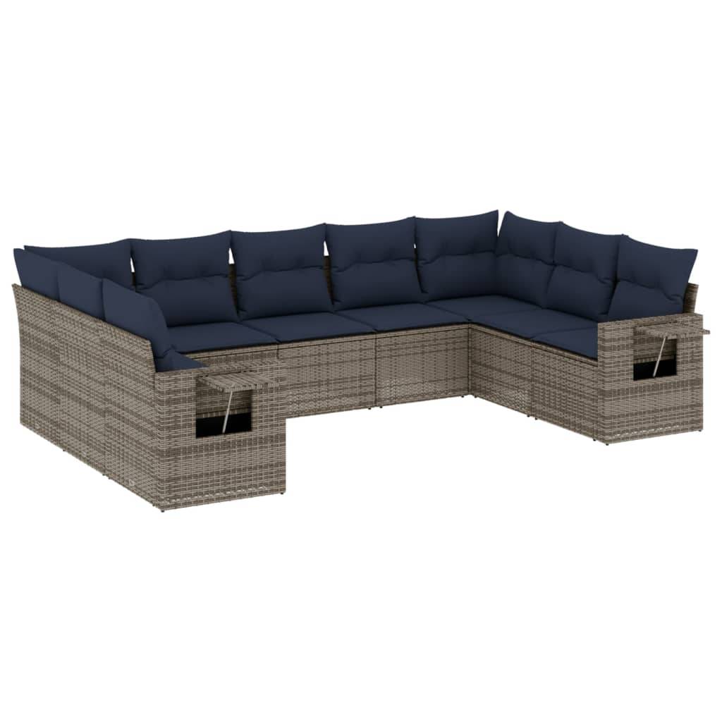 vidaXL 9-teiliges Gartensofa-Set mit Kissen, grau, Polyrattan