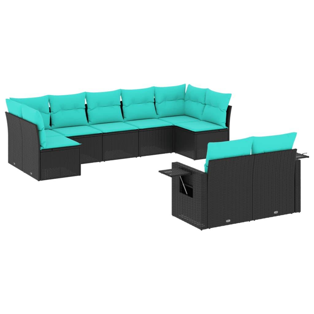 vidaXL 9-teiliges Gartensofa-Set mit Kissen, schwarzes Polyrattan