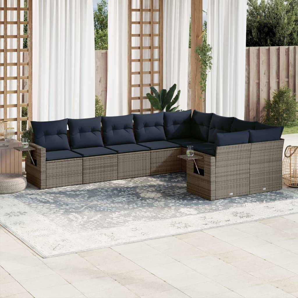 vidaXL 9-teiliges Gartensofa-Set mit Kissen, grau, Polyrattan