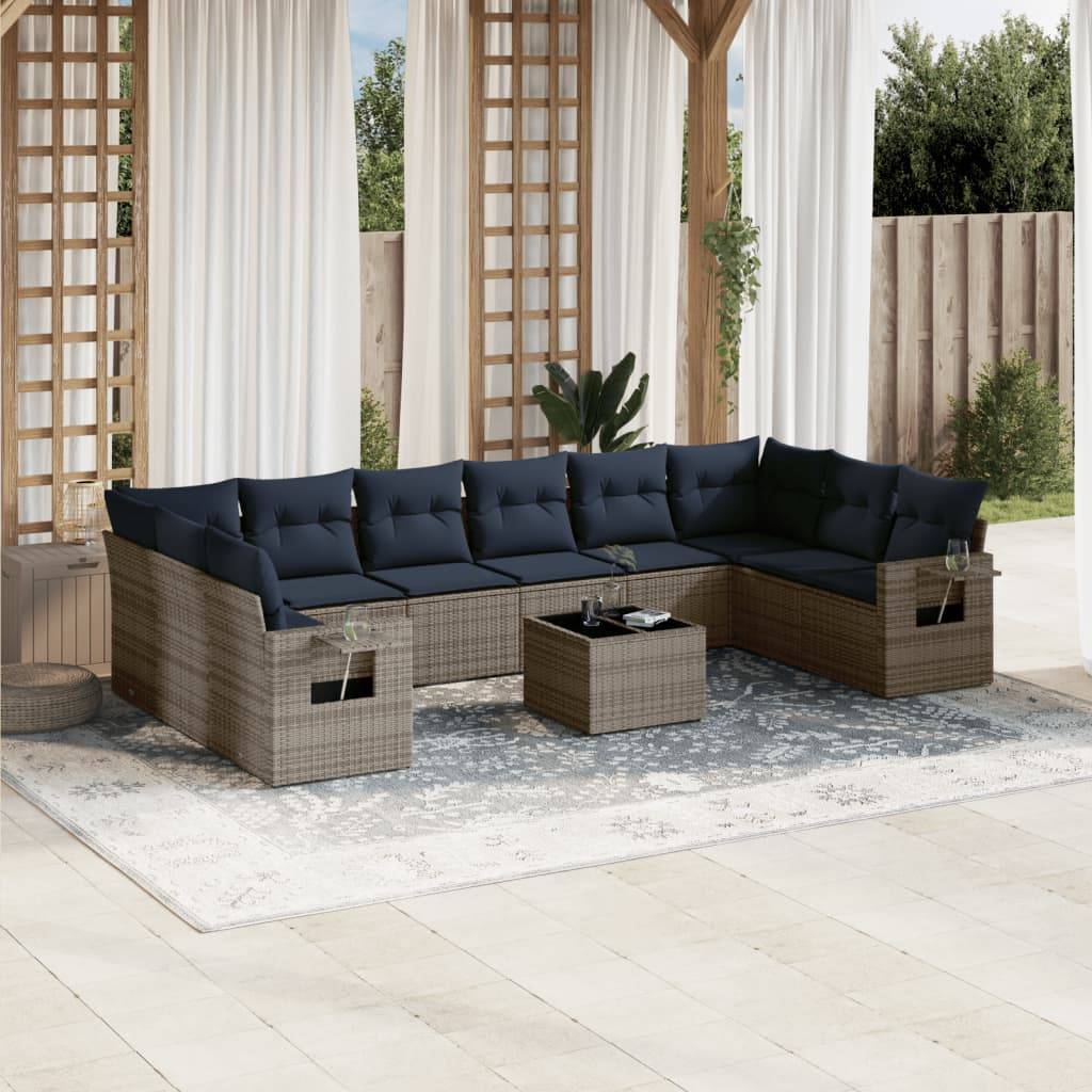 vidaXL 11-teiliges Gartensofa-Set mit Kissen, grau, Polyrattan