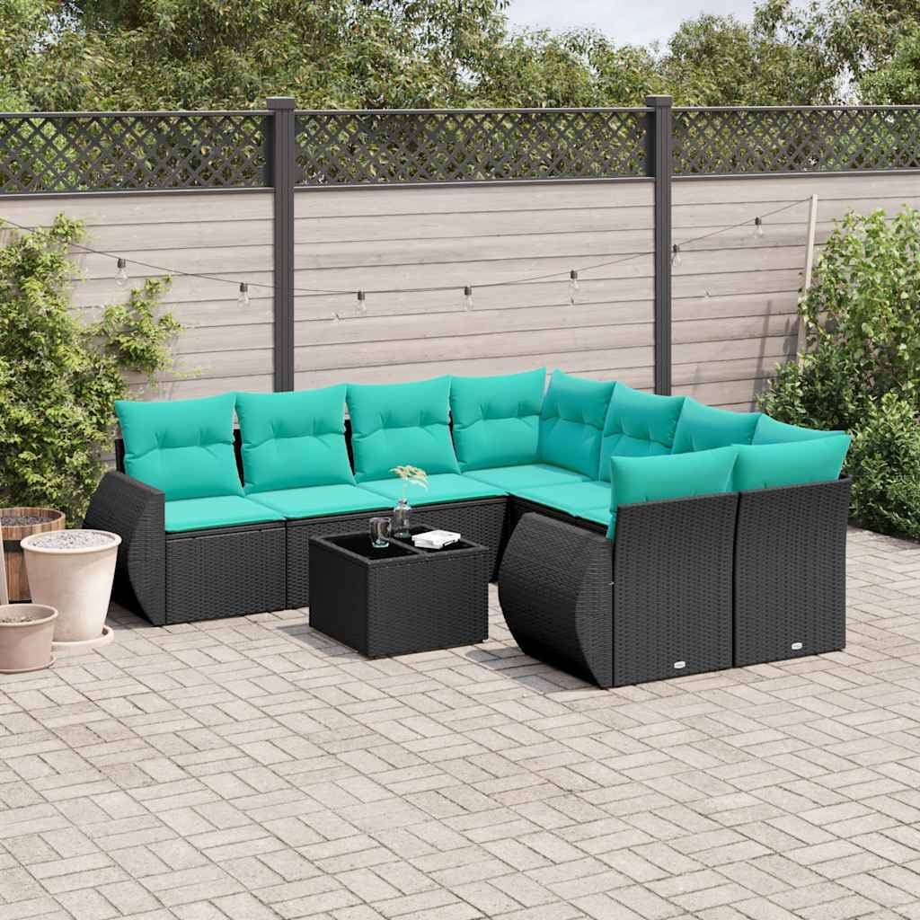 vidaXL 9-teiliges Gartensofa-Set mit Kissen, schwarzes Polyrattan