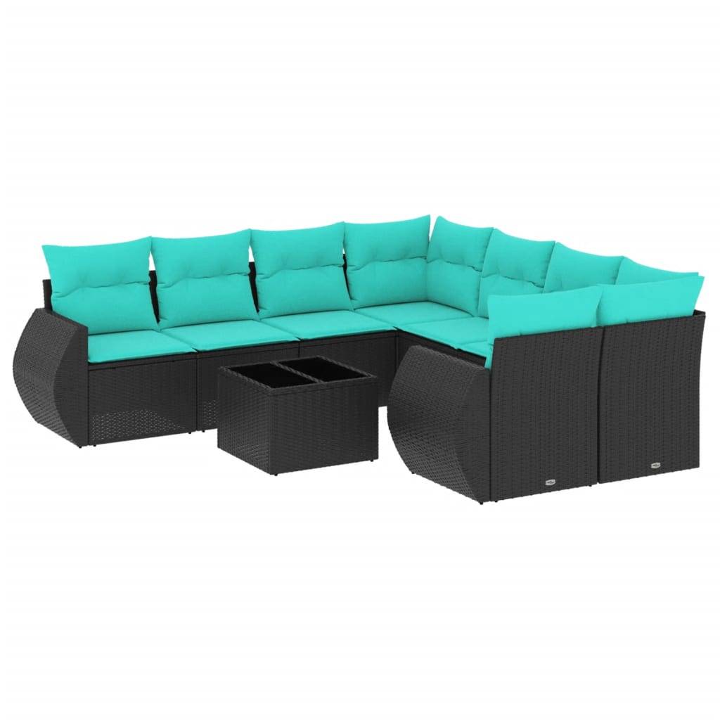 vidaXL 9-teiliges Gartensofa-Set mit Kissen, schwarzes Polyrattan