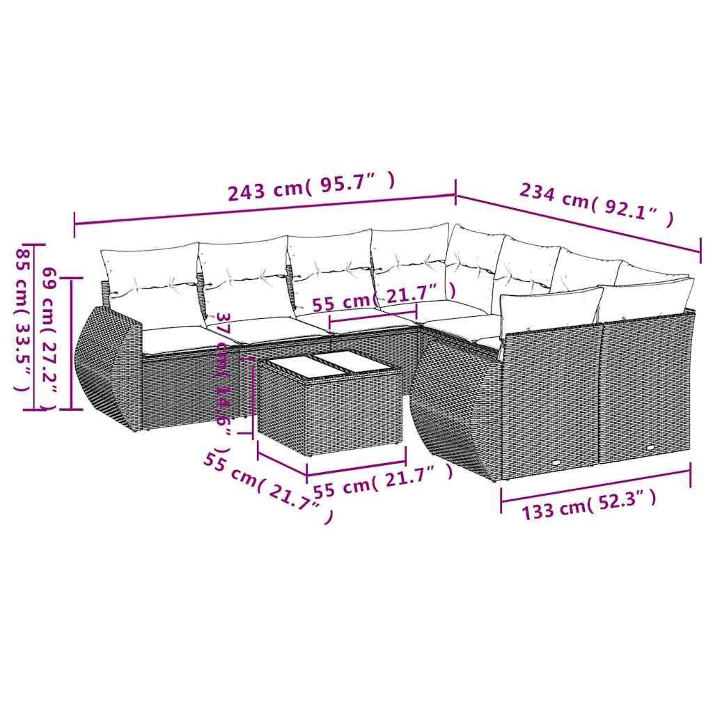 vidaXL 9-teiliges Gartensofa-Set mit Kissen, schwarzes Polyrattan
