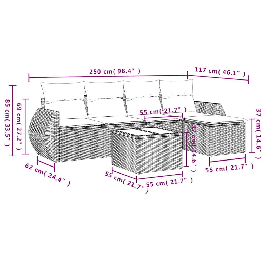 vidaXL 6-teiliges Gartensofa-Set mit Kissen, braun, Polyrattan