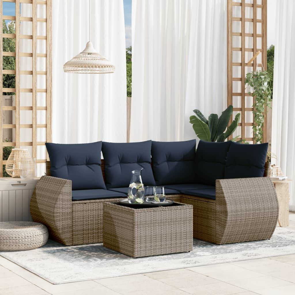 vidaXL 5-teiliges Gartensofa-Set mit Kissen, grau, Polyrattan