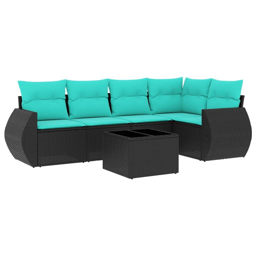 vidaXL 6-teiliges Gartensofa-Set mit Kissen, schwarzes Polyrattan
