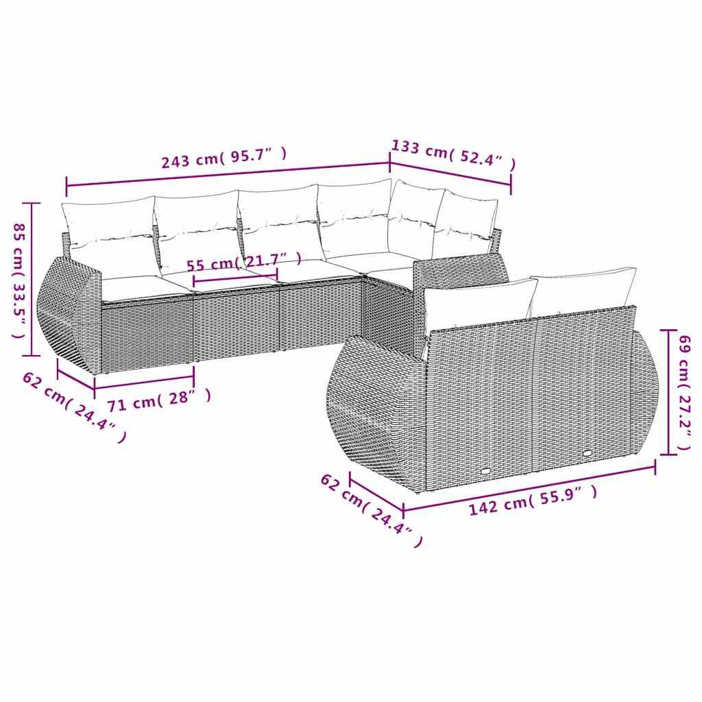 vidaXL 7-teiliges Gartensofa-Set mit Kissen, schwarzes Polyrattan