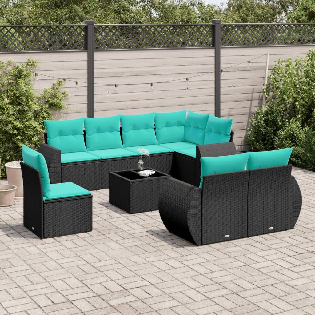 vidaXL 9-teiliges Gartensofa-Set mit Kissen, schwarzes Polyrattan