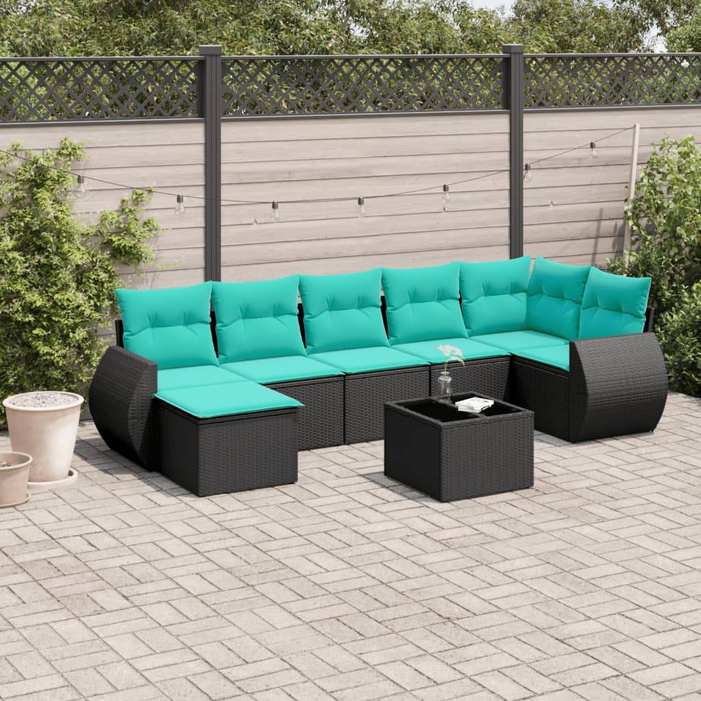 vidaXL 8-teiliges Gartensofa-Set mit Kissen, schwarzes Polyrattan