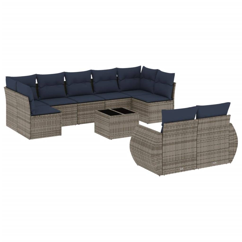 vidaXL 10-teiliges Gartensofa-Set mit Kissen, grau, Polyrattan