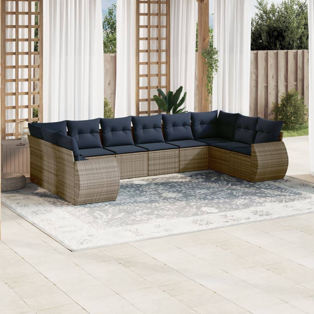 vidaXL 10-teiliges Gartensofa-Set mit Kissen, grau, Polyrattan