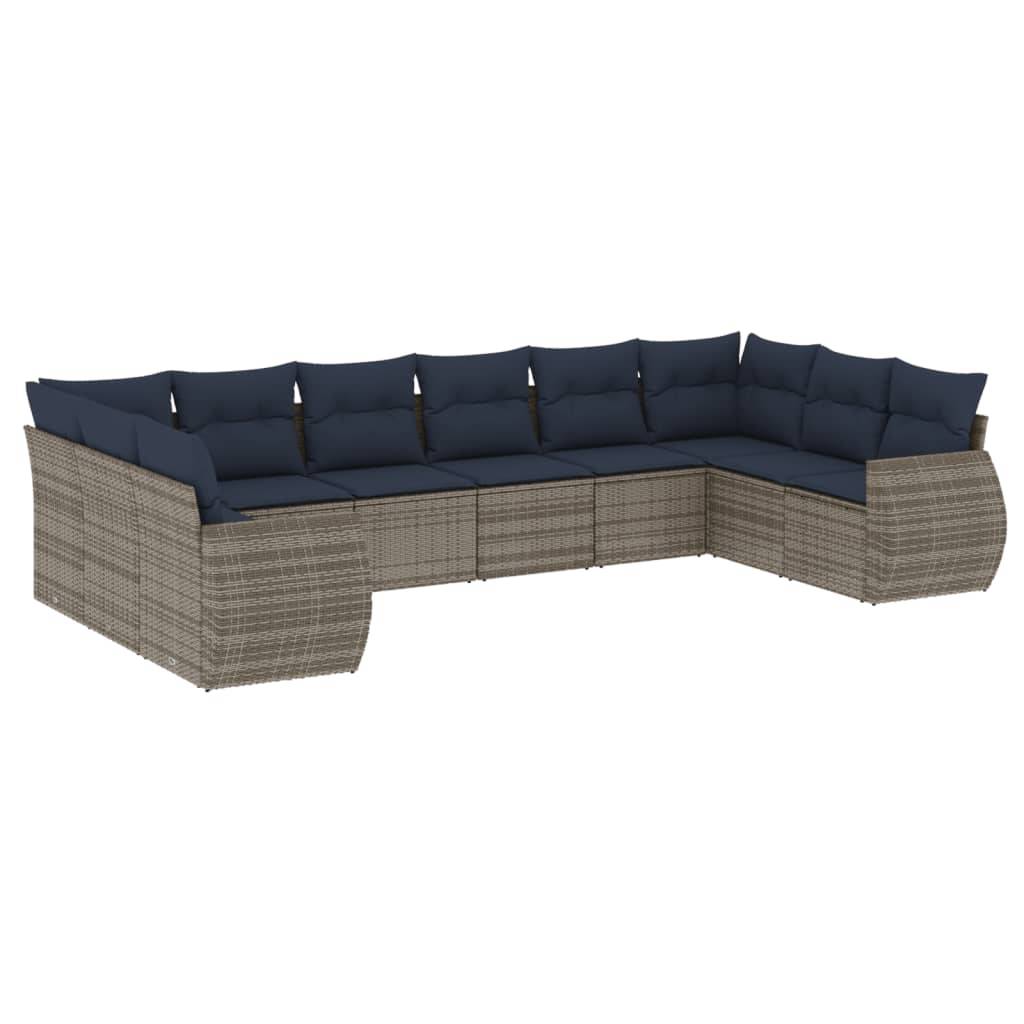 vidaXL 10-teiliges Gartensofa-Set mit Kissen, grau, Polyrattan