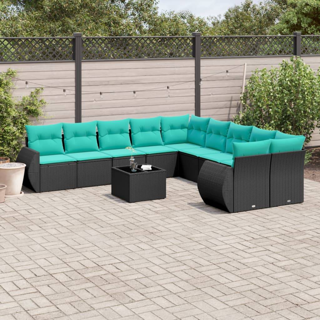 vidaXL 11-teiliges Gartensofa-Set mit Kissen, schwarzes Polyrattan
