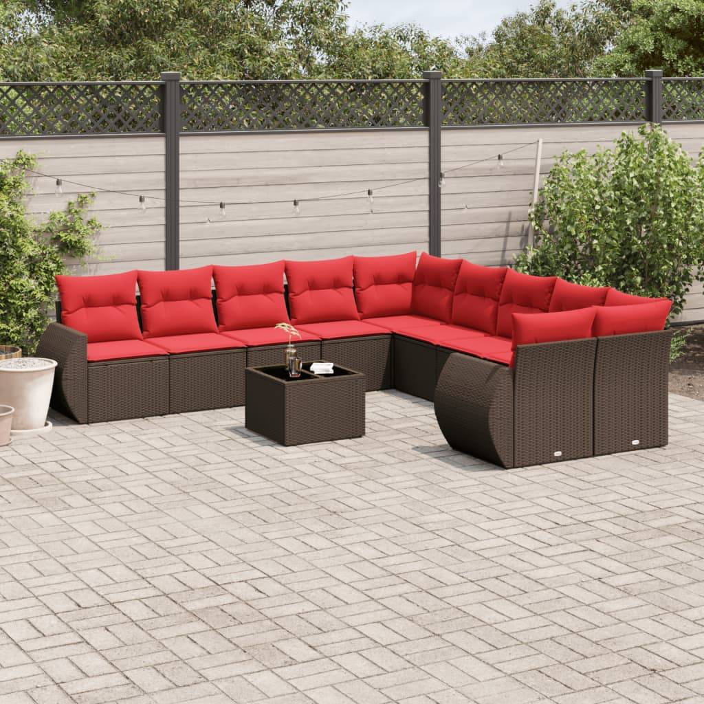vidaXL 11-teiliges Gartensofa-Set mit Kissen, braun, Polyrattan