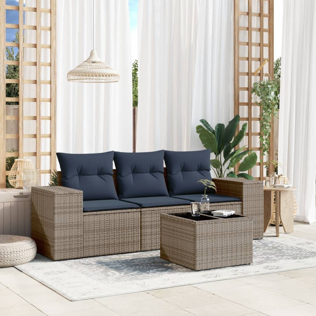 vidaXL 4-teiliges Gartensofa-Set mit Kissen, grau, Polyrattan