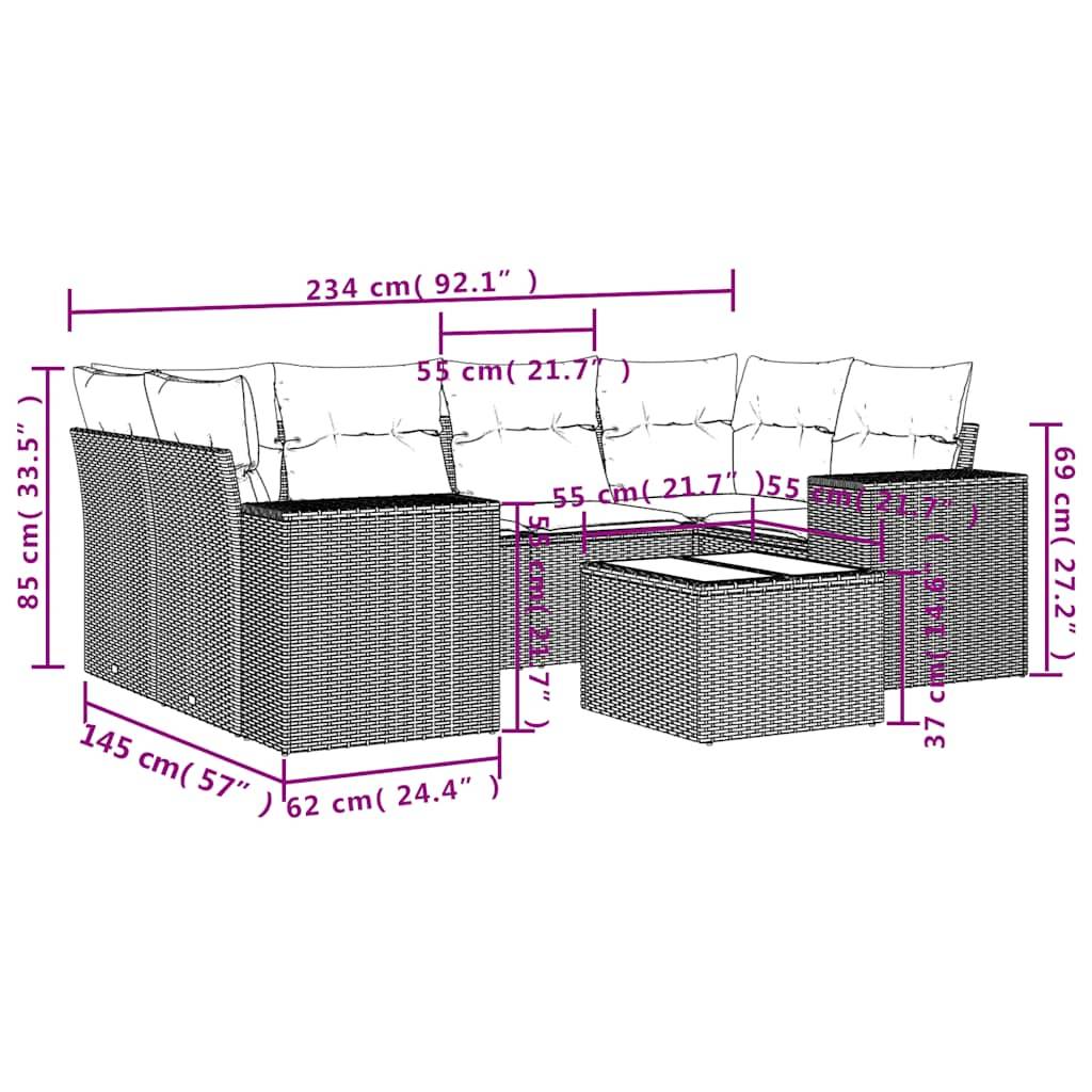 vidaXL 7-teiliges Gartensofa-Set mit Kissen, schwarzes Polyrattan