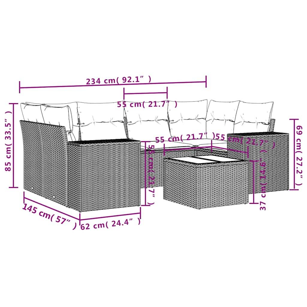 vidaXL 7-teiliges Gartensofa-Set mit Kissen, braun, Polyrattan