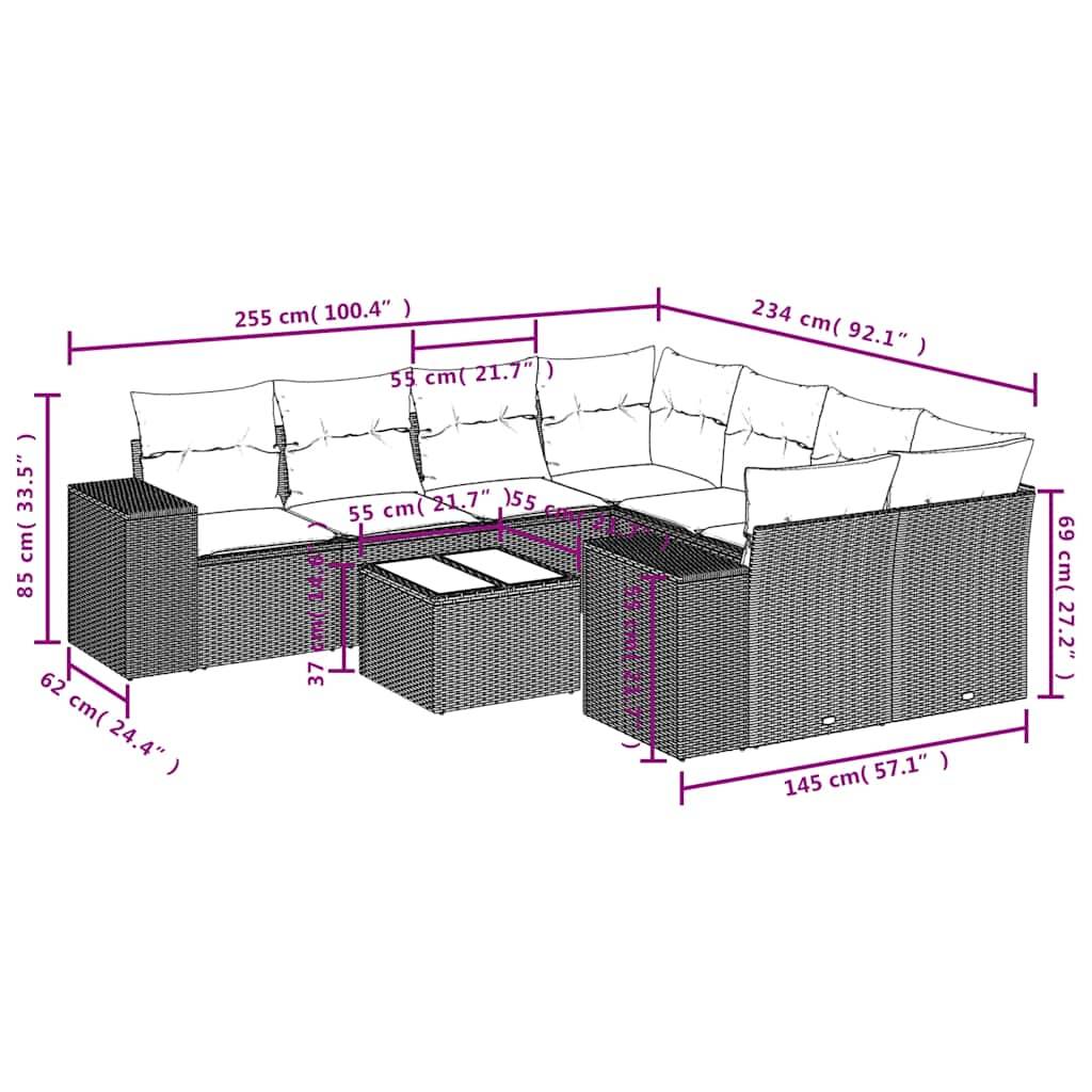 vidaXL 9-teiliges Gartensofa-Set mit Kissen, schwarzes Polyrattan