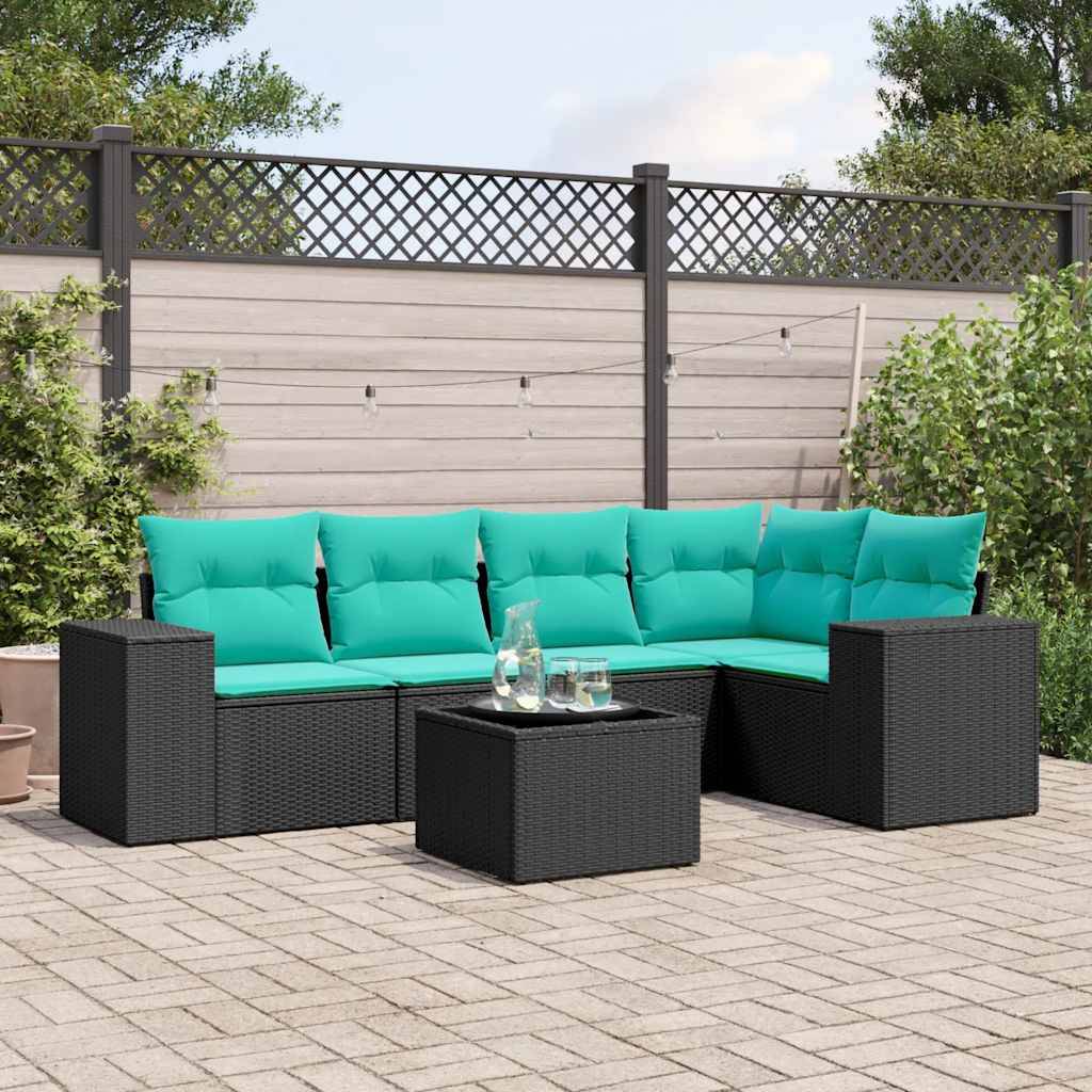 vidaXL 6-teiliges Gartensofa-Set mit Kissen, schwarzes Polyrattan