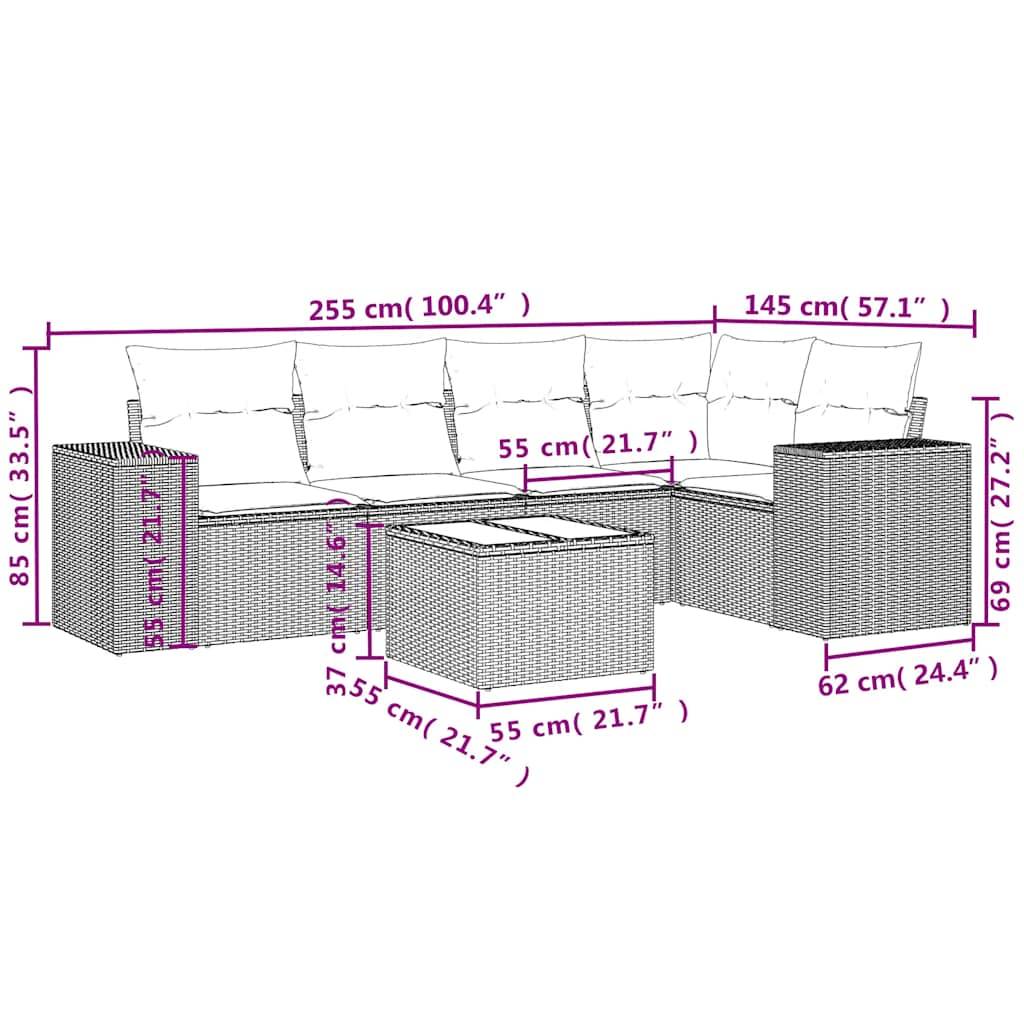 vidaXL 6-teiliges Gartensofa-Set mit Kissen, schwarzes Polyrattan