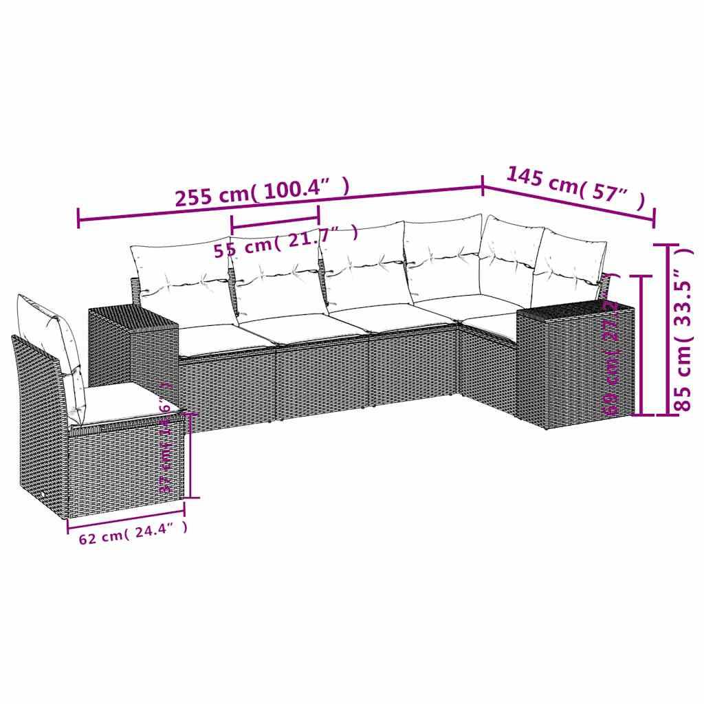 vidaXL 6-teiliges Gartensofa-Set mit Kissen, schwarzes Polyrattan