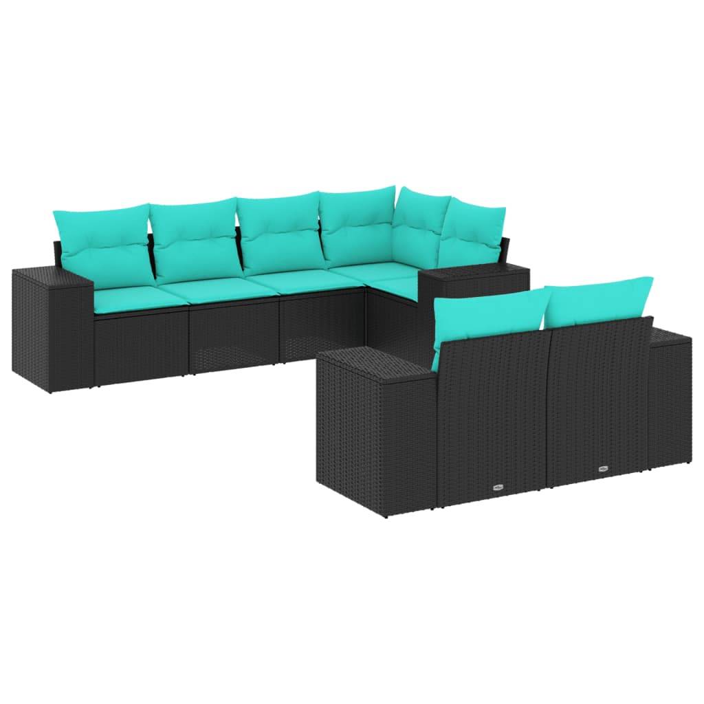 vidaXL 7-teiliges Gartensofa-Set mit Kissen, schwarzes Polyrattan