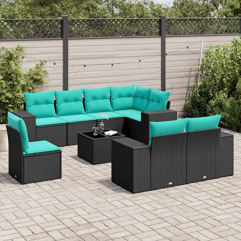 vidaXL 9-teiliges Gartensofa-Set mit Kissen, schwarzes Polyrattan