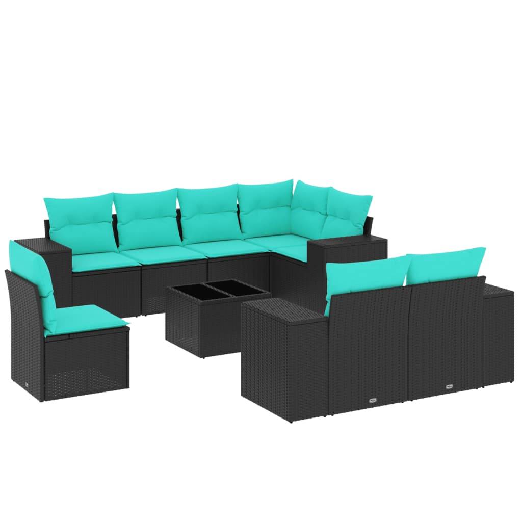 vidaXL 9-teiliges Gartensofa-Set mit Kissen, schwarzes Polyrattan