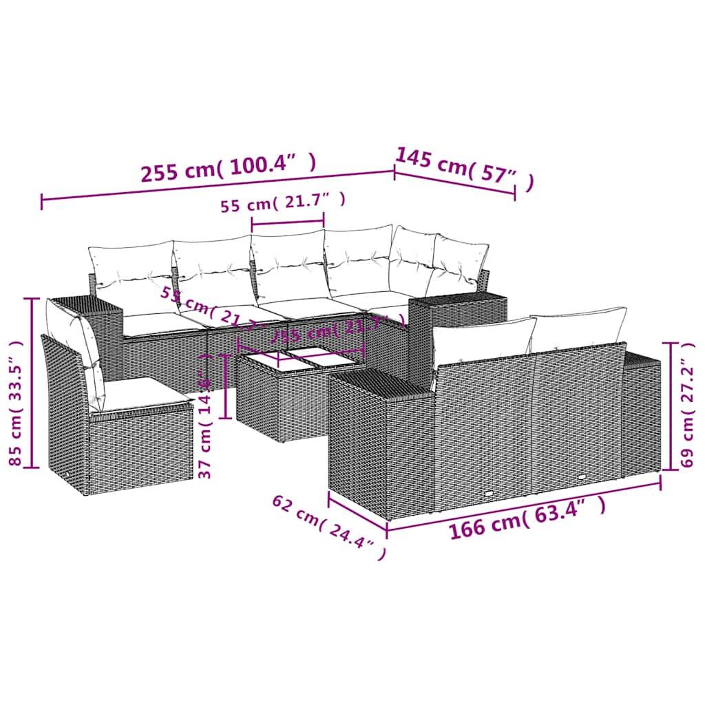 vidaXL 9-teiliges Gartensofa-Set mit Kissen, schwarzes Polyrattan