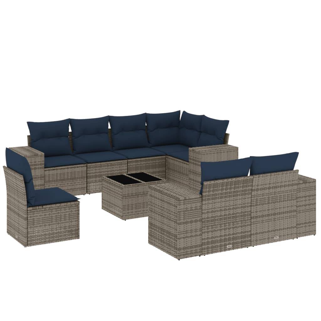 vidaXL 9-teiliges Gartensofa-Set mit Kissen, grau, Polyrattan