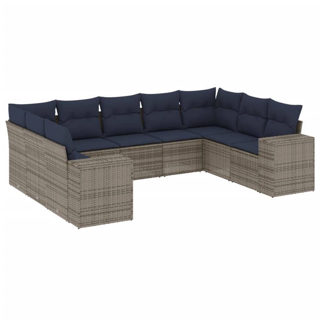 vidaXL 9-teiliges Gartensofa-Set mit Kissen, grau, Polyrattan