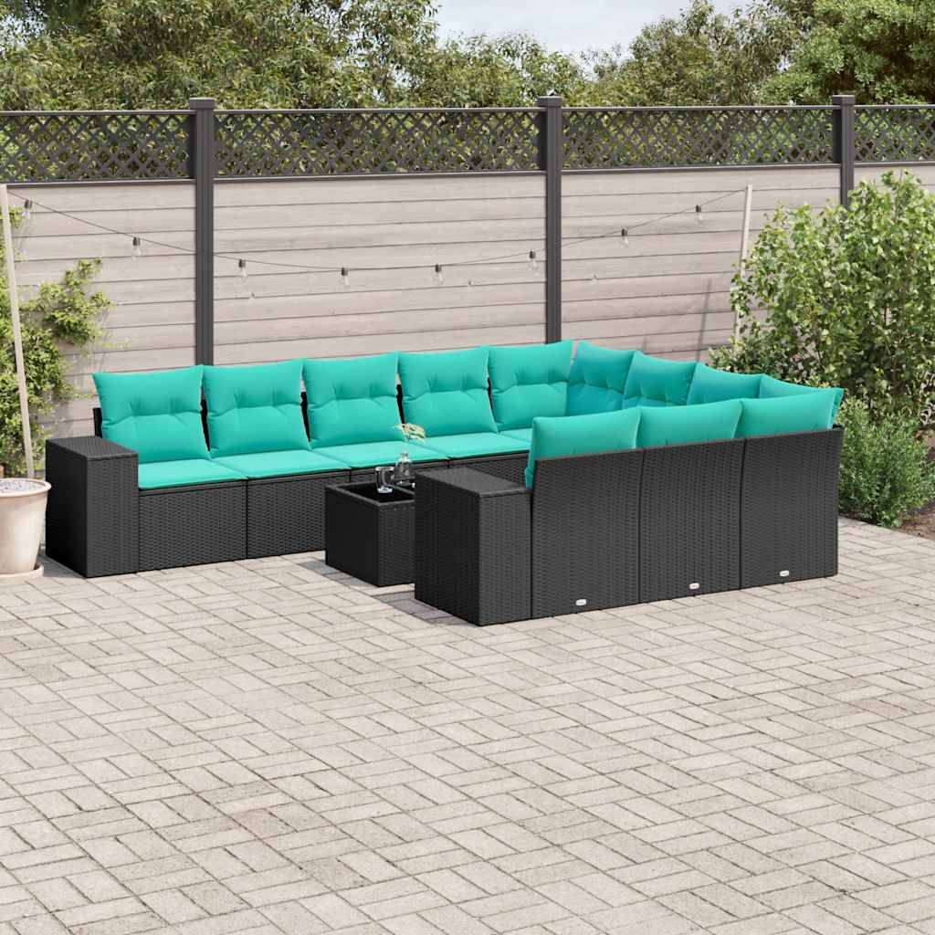 vidaXL 11-teiliges Gartensofa-Set mit Kissen, schwarzes Polyrattan