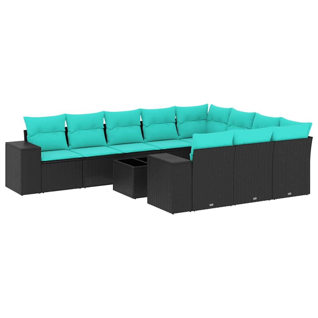 vidaXL 11-teiliges Gartensofa-Set mit Kissen, schwarzes Polyrattan