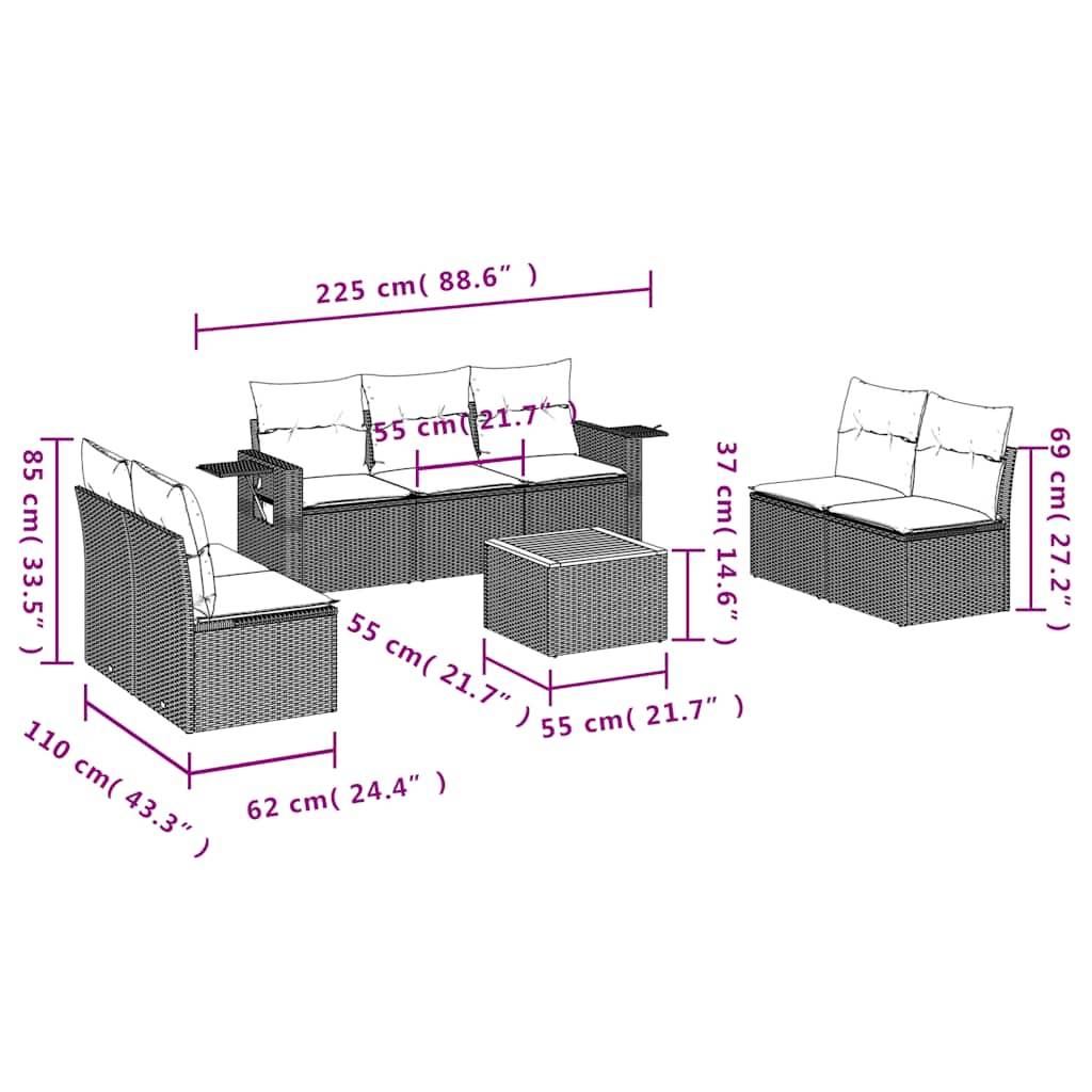 vidaXL 8-teiliges Gartensofa-Set mit Kissen, schwarzes Polyrattan