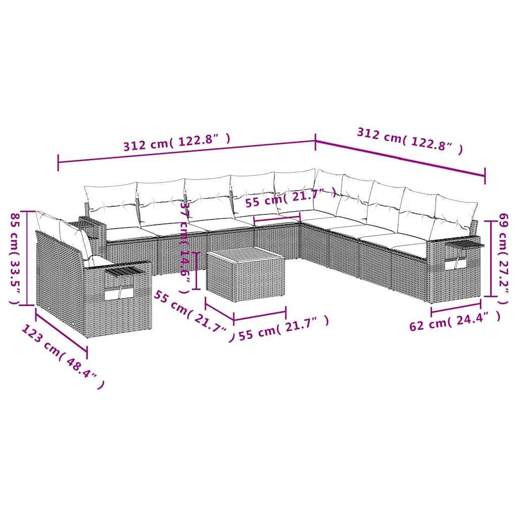 vidaXL 12-teiliges Gartensofa-Set mit Kissen, grau, Polyrattan
