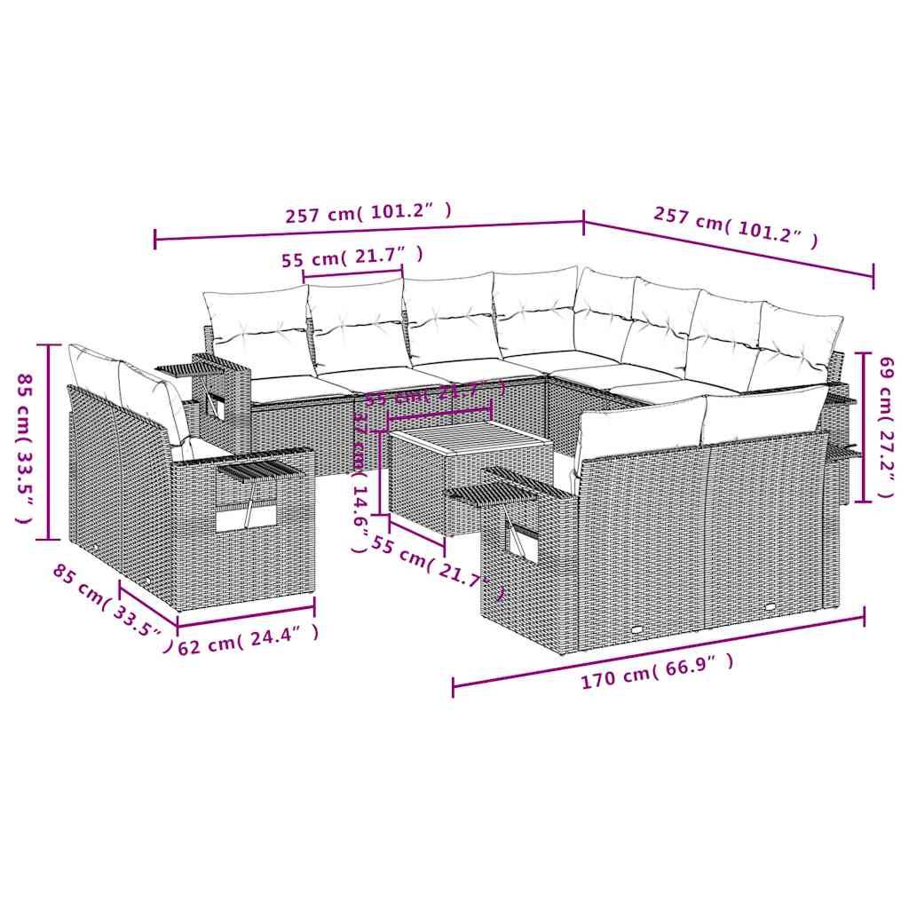 vidaXL 12-teiliges Gartensofa-Set mit Kissen, schwarzes Polyrattan
