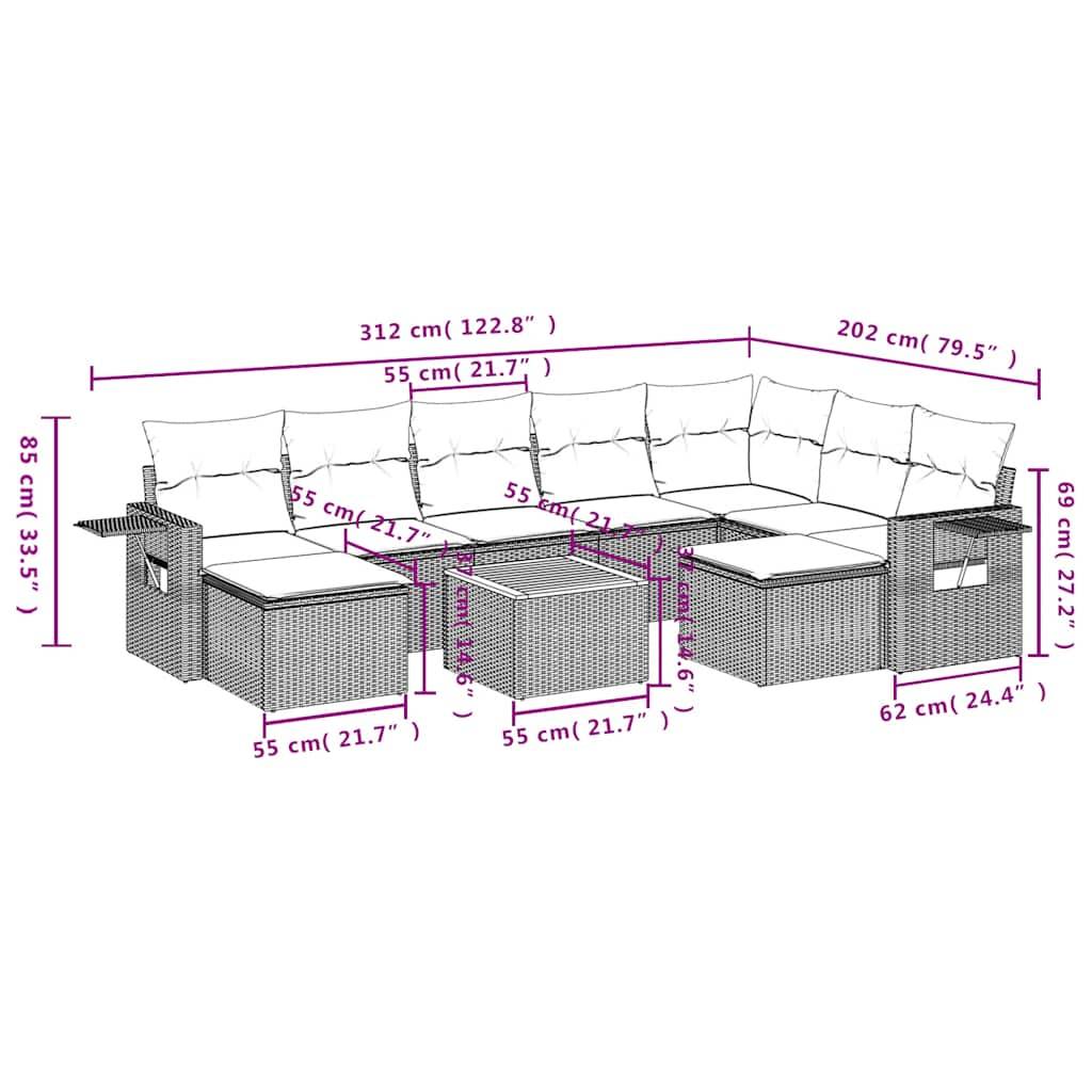 vidaXL 10-teiliges Gartensofa-Set mit Kissen, grau, Polyrattan