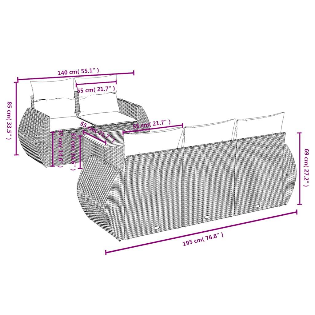 vidaXL 6-teiliges Gartensofa-Set mit Kissen, grau, Polyrattan
