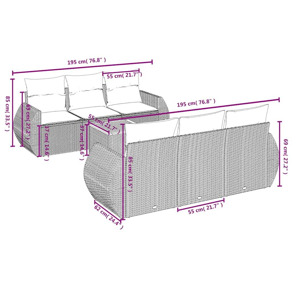 vidaXL 7-teiliges Gartensofa-Set mit Kissen, grau, Polyrattan