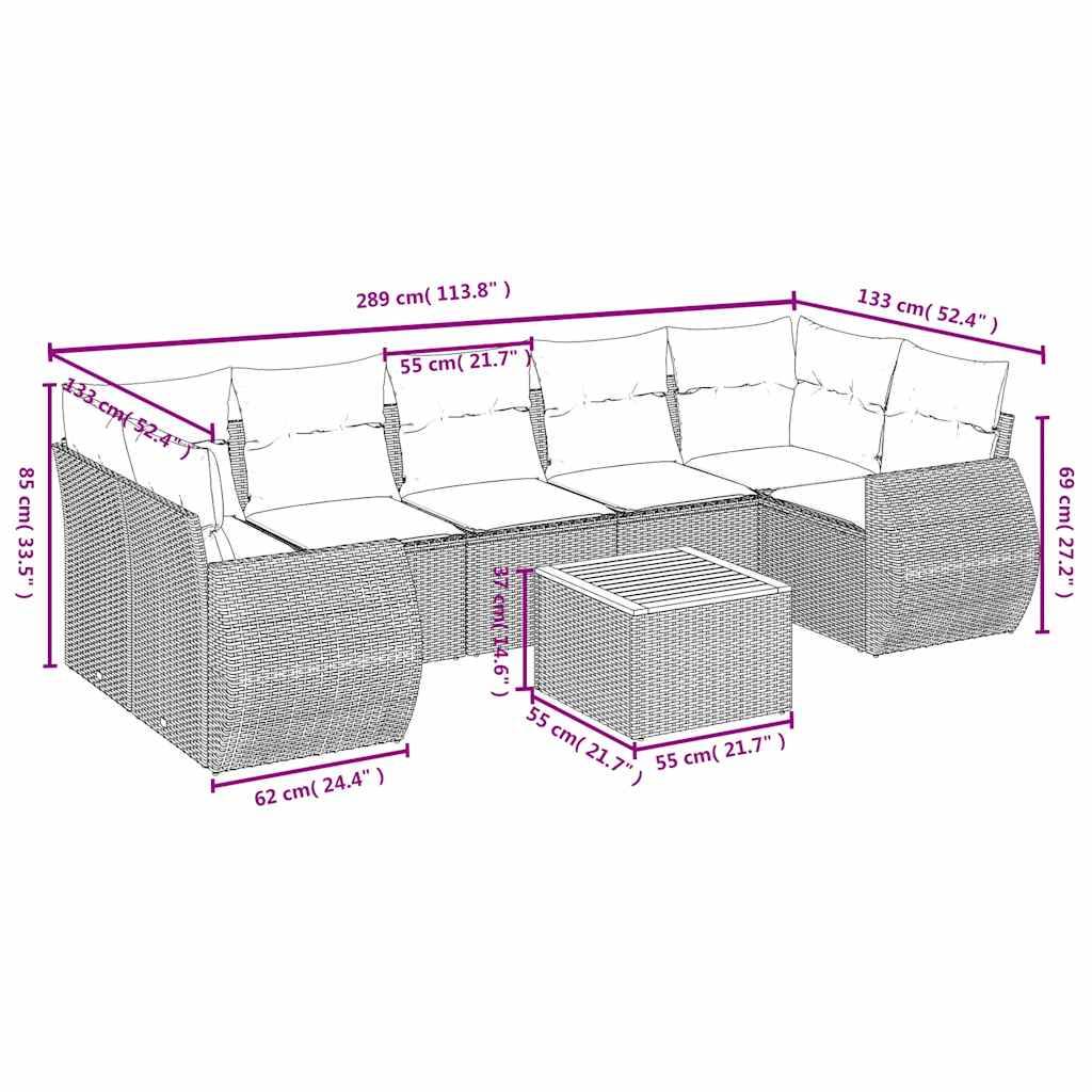 vidaXL 8-teiliges Gartensofa-Set mit Kissen, grau, Polyrattan