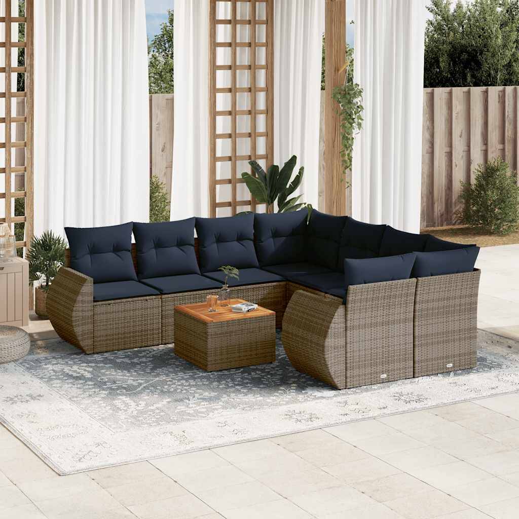 vidaXL 9-teiliges Gartensofa-Set mit Kissen, grau, Polyrattan
