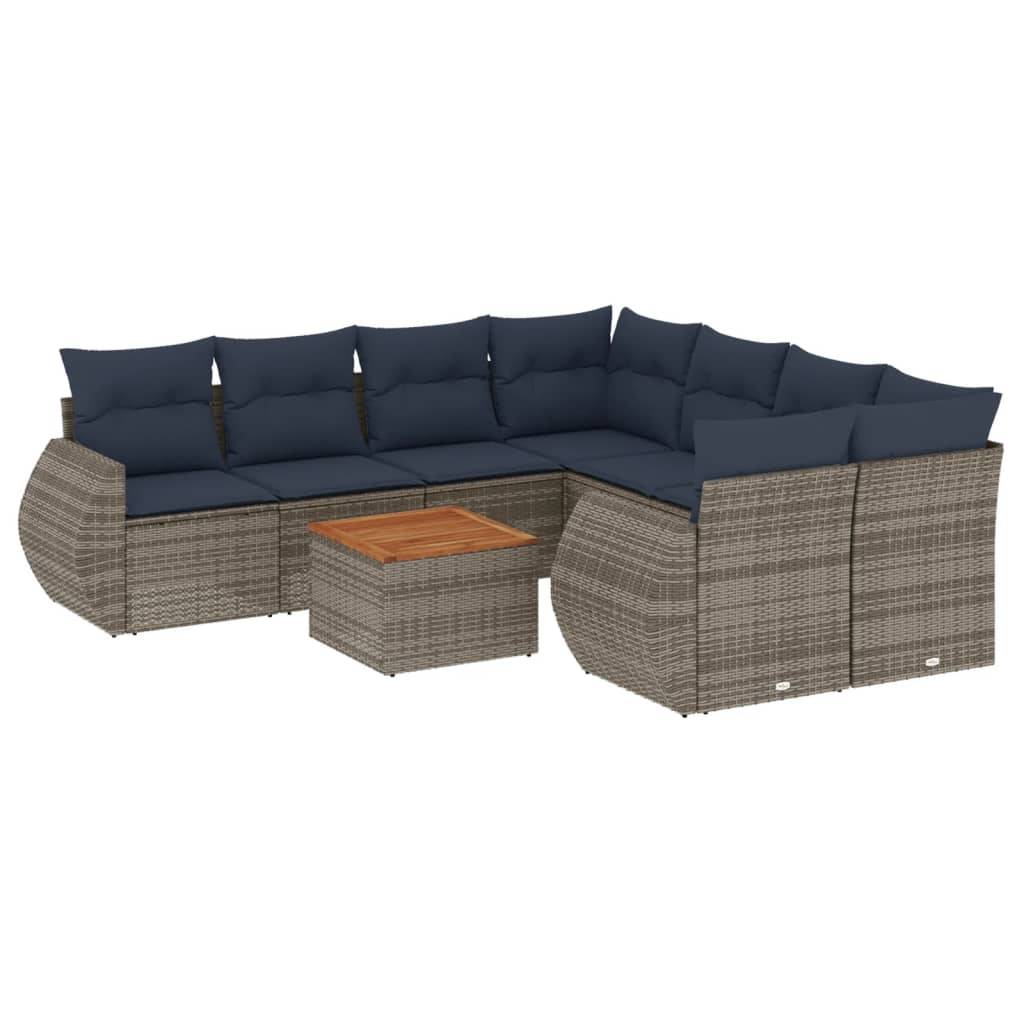 vidaXL 9-teiliges Gartensofa-Set mit Kissen, grau, Polyrattan