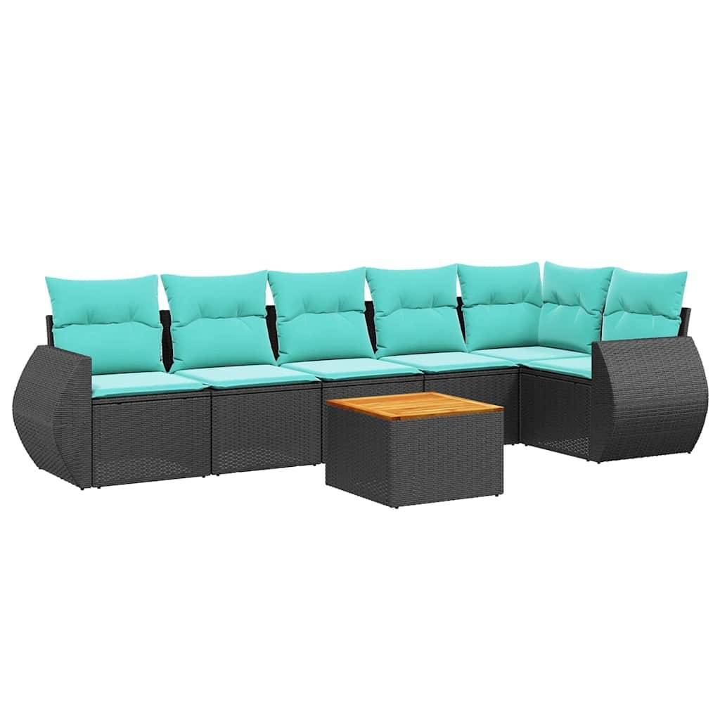 vidaXL 7-teiliges Gartensofa-Set mit Kissen, schwarzes Polyrattan