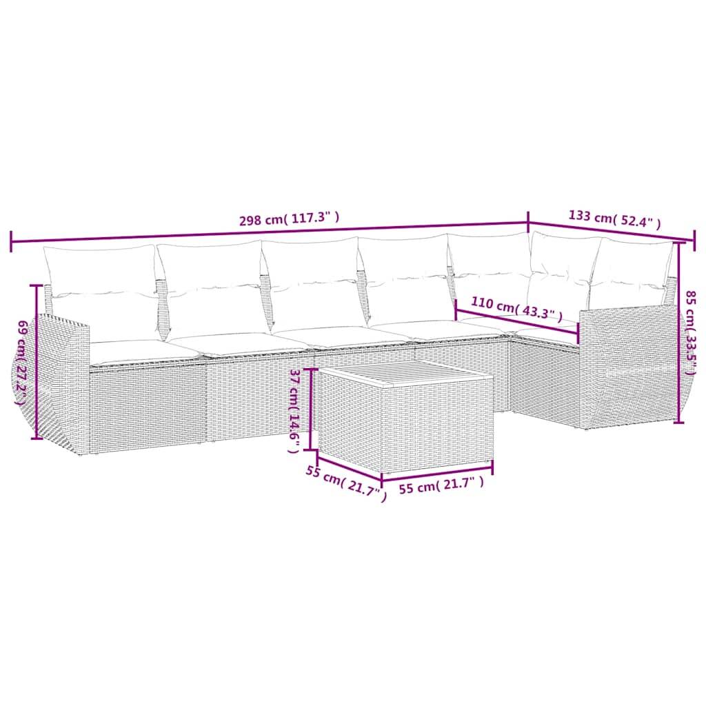 vidaXL 7-teiliges Gartensofa-Set mit Kissen, schwarzes Polyrattan